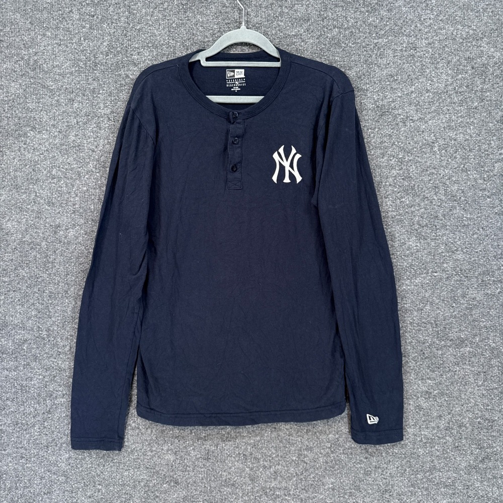 New York Yankees Shirt Mens Medium Blue New Era Henley MLB Long Sleeve Tee